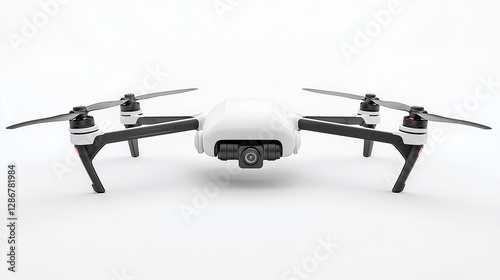 White quadcopter drone hovering with camera facing forward