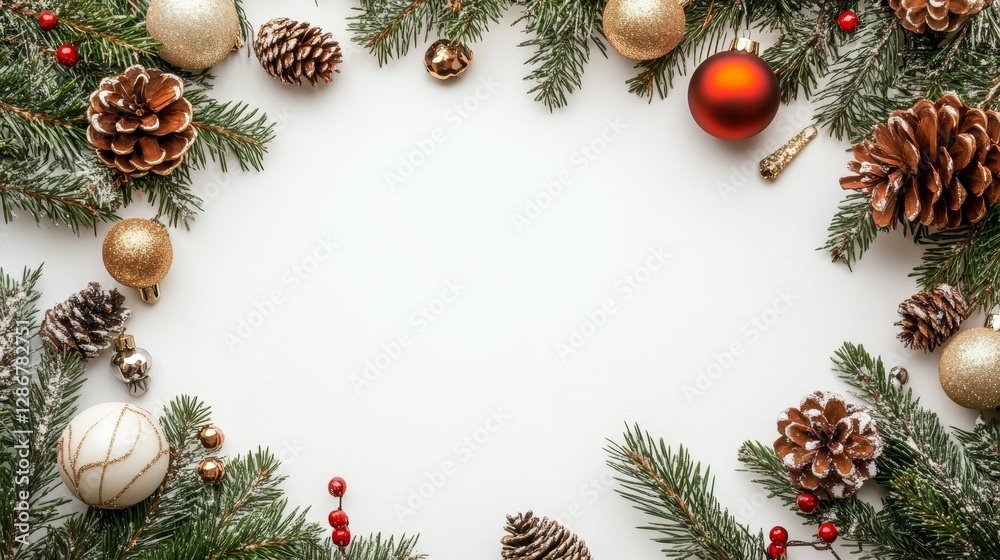 Festive White Background with Pine Cones, Ornaments and Greenery, Christmas Decorations, Holiday Design Christmas, Winter Festive White Background with Pine Cones, Ornaments and Greenery, Christmas Decorations, Holiday Design Christmas, Winter