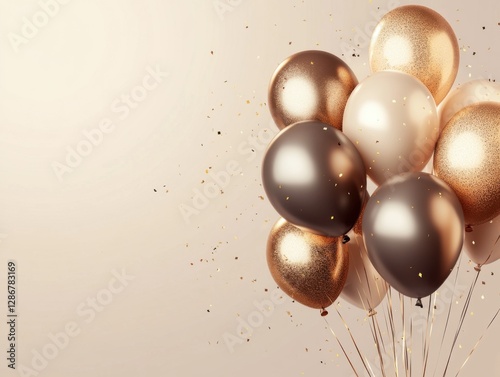 A group of gold and bronze balloons with shimmering confetti on a neutral background, perfect for luxury event decor and celebration themes. Generative AI