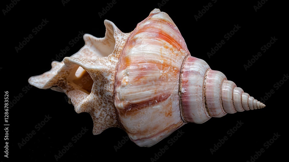 Close up seashell on black background, showcasing intricate design and colors. Possible use Nature photography, scientific study Close up seashell on black background, showcasing intricate design and colors. Possible use Nature photography, scientific study
