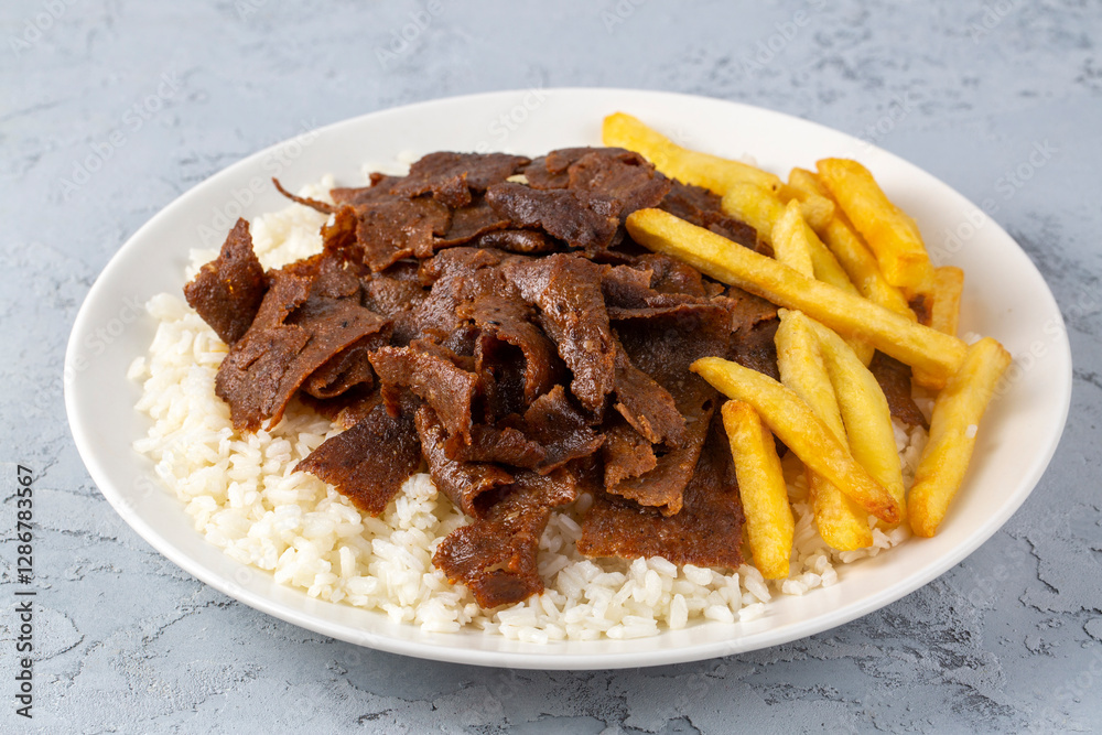 Meat doner menu, iskender menu on plate, turkish special meat doner, food, special menu (Turkish name; pilav üstü et doner)
