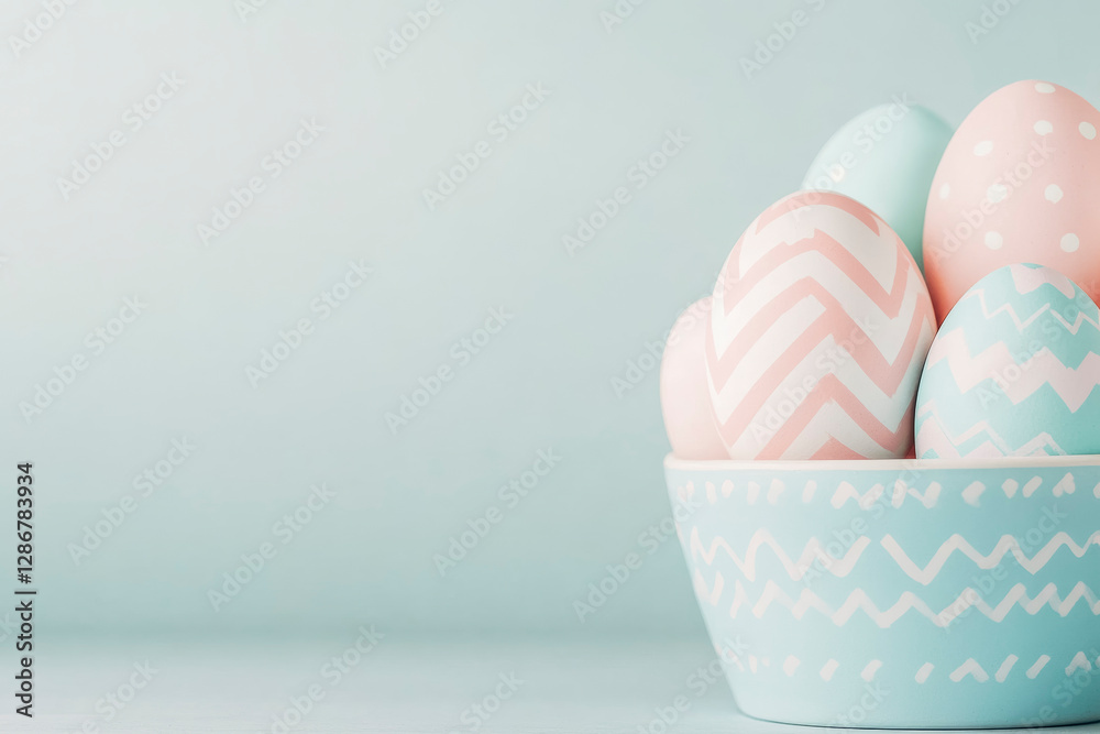 Fototapeta premium Pastel easter eggs in decorative bowl - perfect for holiday celebrations and spring decor