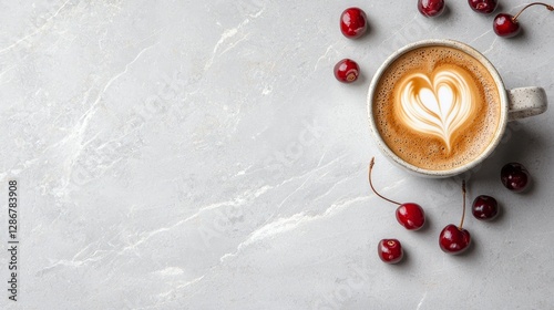 A cup of coffee with a heartshaped latte art surrounded by fresh cherries on a light marble background.