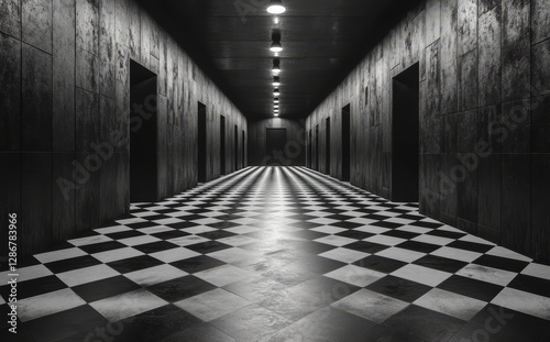 In an empty dark room, a white ceiling light illuminates a 3D render featuring an abstract background, geometric shapes, a chessboard, and a showcase platform mockup