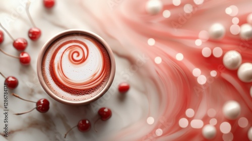A cup of coffee with a swirl design on top, surrounded by cherries and pearls on a marble background.