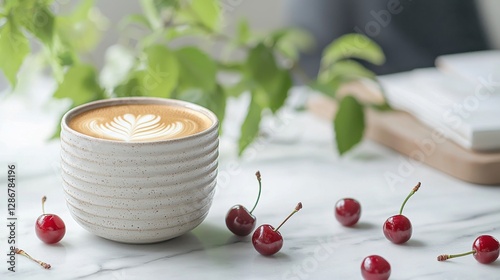 A serene still life featuring a cup of latte with heartshaped latte art, surrounded by fresh cherries and gree