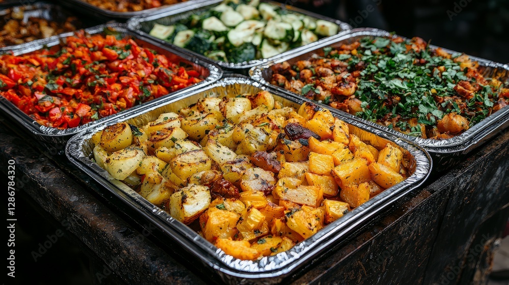 Obraz premium Buffet food trays, outdoor event
