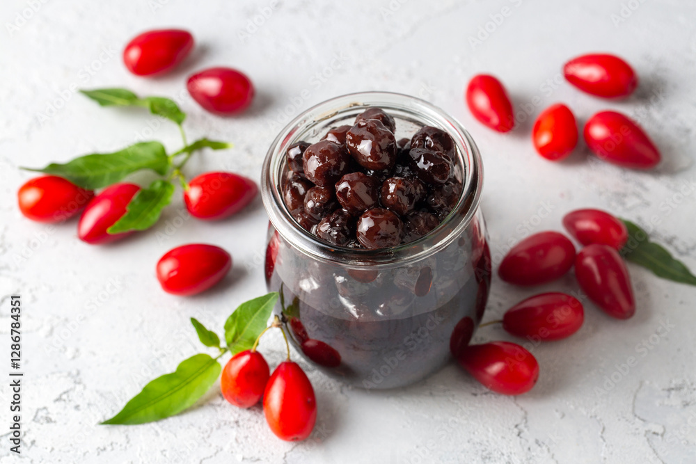 Homemade dogwood cornel jam in glass jar