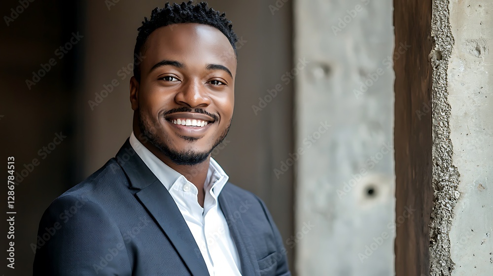 Portrait Successful African American Male Business Manager And Financial Advisor Waist up portrait an attractive young Black businessman working with digital tools and online documents. He is smiling