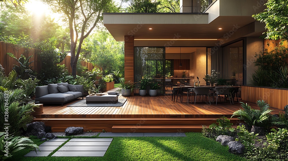 Fototapeta premium Modern house with a cozy outdoor deck high resolution hd photo