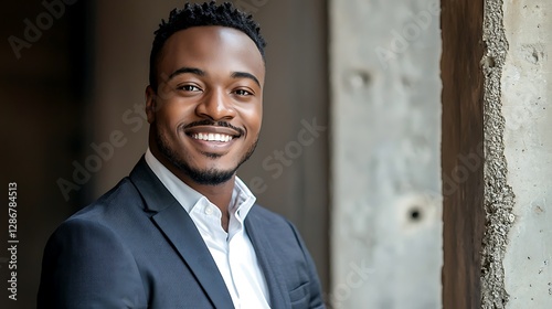 Portrait Successful African American Male Business Manager And Financial Advisor Waist up portrait an attractive young Black businessman working with digital tools and online documents. He is smiling 