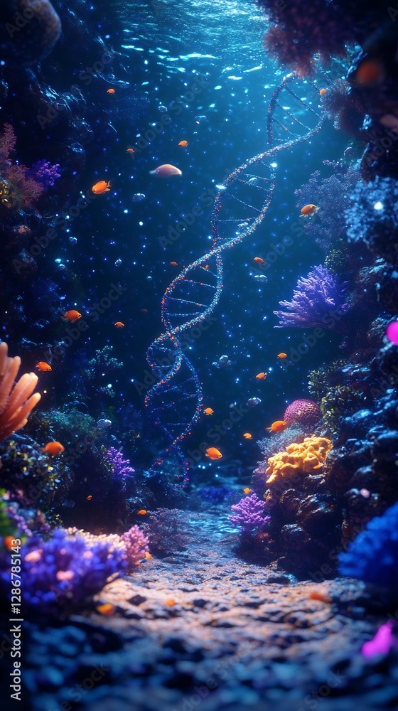 Fototapeta premium Poetic underwater depiction of DNA strand glowing softly among coral reef intricate molecular detail natural bioluminescent lighting photo realistic texture cinematic depth perfect alignment ultra