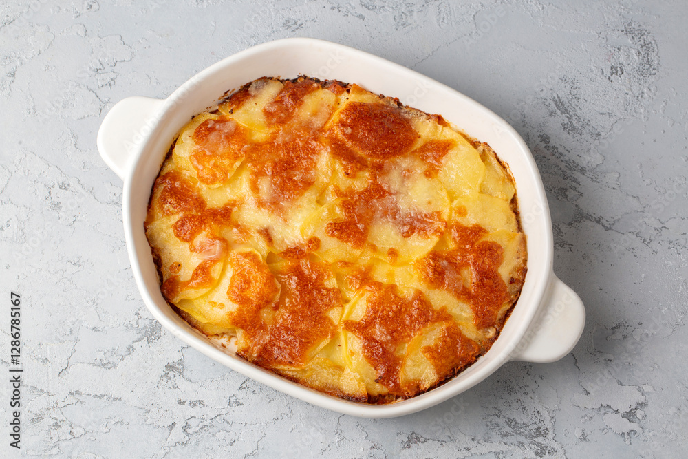 Potato gratin - graten (baked potatoes with cream and cheese) with rosemary and forks (Turkish name; Kremali patates)
