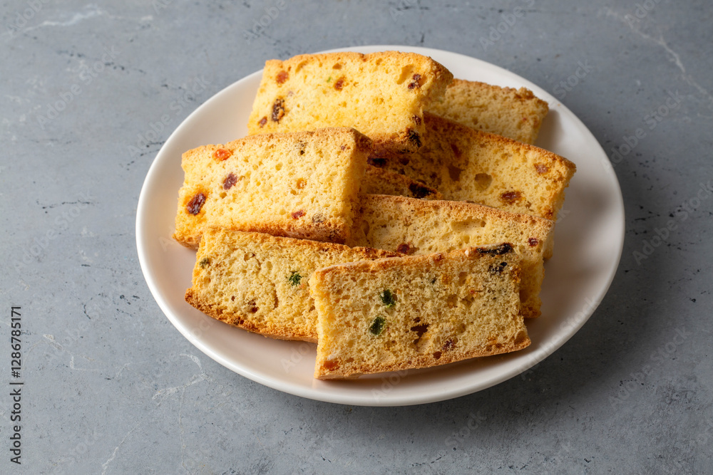 Stack of Baked Crispy Bread Slices with Dried Fruit Raisins Called Thessaloniki (Selanik) Greek Peksimet. Turkish name; Selanik gevregi - Thessaloniki biscuit