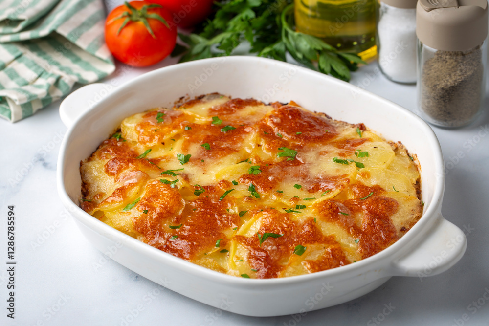 Potato gratin - graten (baked potatoes with cream and cheese) with rosemary and forks (Turkish name; Kremali patates)