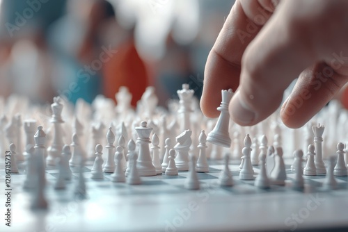 The movement of a chess piece by a businessman's hand in a competitive environment represents leadership, business success, and the ability to attract and retain followers