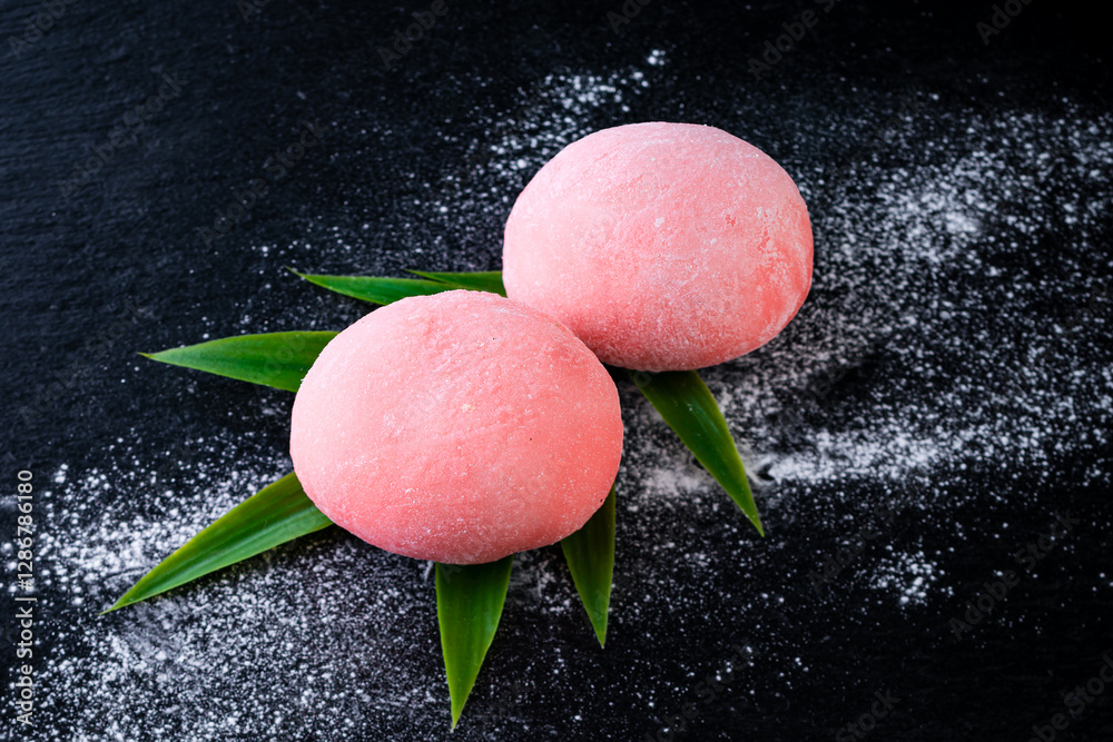 strawberry dessert daifuku mochi on a dark background