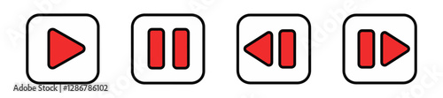 Red Video Playback Buttons Set for Interactive Multimedia Applications and User Interfaces