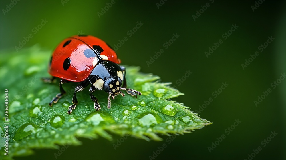 Close-up macro shot of a ladybird (ladybug) perched on a green leaf, showcasing its vibrant red shell with black spots. Perfect for nature, insects, and macro photography themes. Close-up macro shot of a ladybird (ladybug) perched on a green leaf, showcasing its vibrant red shell with black spots. Perfect for nature, insects, and macro photography themes.
