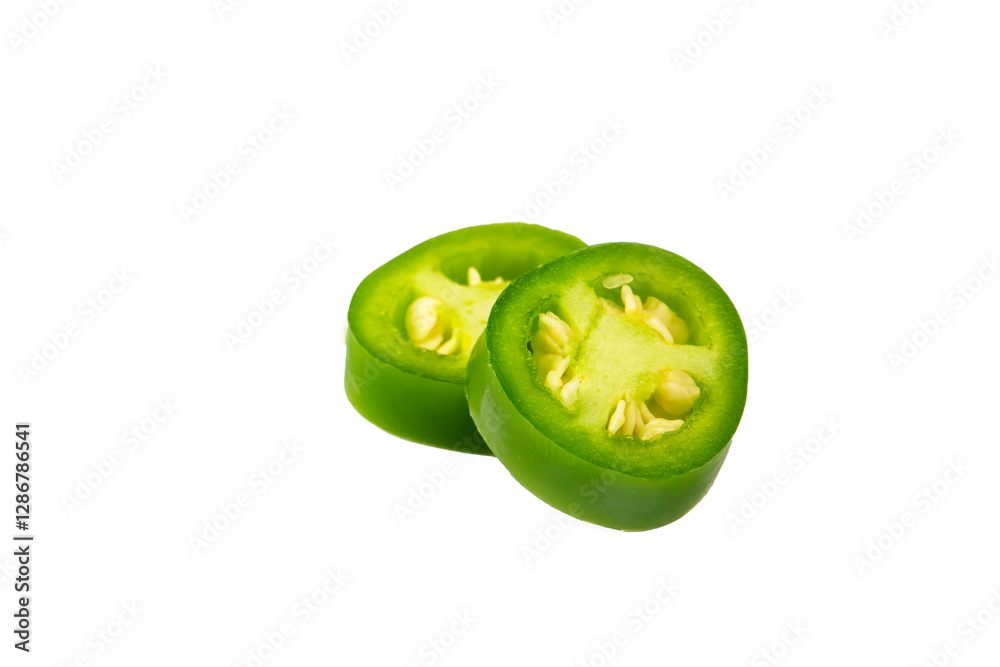 Jalapeno pepper. Green jalapeño pepper on isolated white background. Spicy jalapeno pepper with stem.