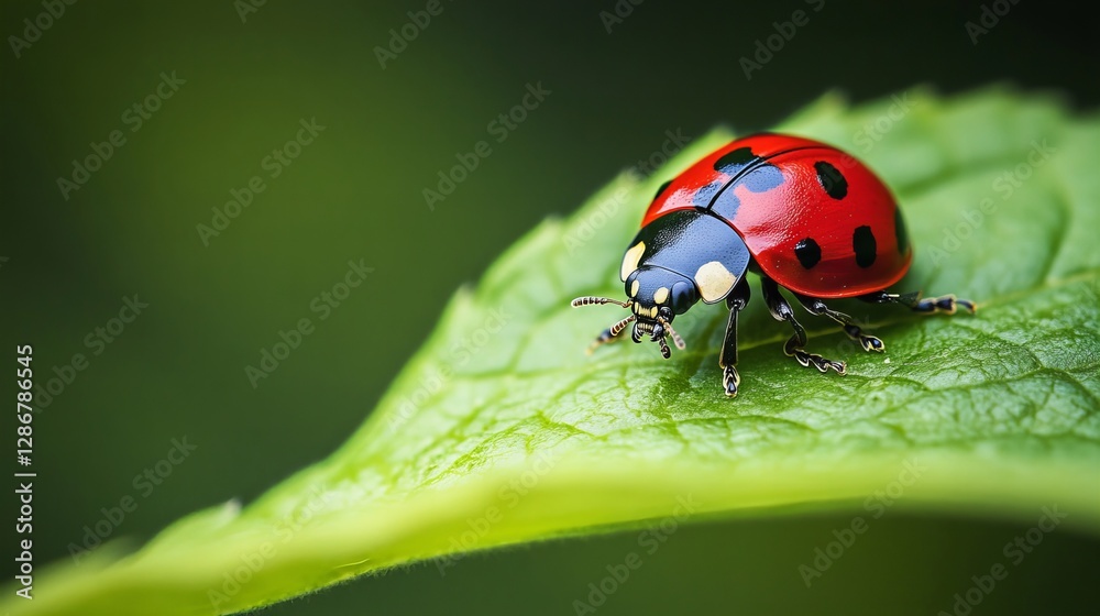 Close-up macro shot of a ladybird (ladybug) perched on a green leaf, showcasing its vibrant red shell with black spots. Perfect for nature, insects, and macro photography themes. Close-up macro shot of a ladybird (ladybug) perched on a green leaf, showcasing its vibrant red shell with black spots. Perfect for nature, insects, and macro photography themes.