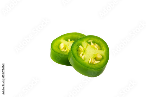 Jalapeno pepper. Green jalapeño pepper on isolated white background. Spicy jalapeno pepper with stem.