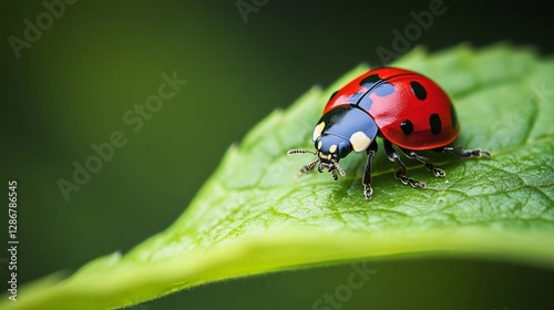 Close-up macro shot of a ladybird (ladybug) perched on a green leaf, showcasing its vibrant red shell with black spots. Perfect for nature, insects, and macro photography themes.