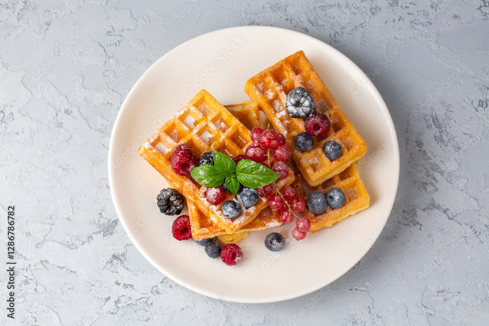 Delicious fresh baked belgian waffles with berries and fruit