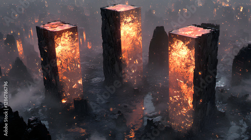 Group of tall buildings with smoke and fire rising in the air during sunset in an urban cityscape