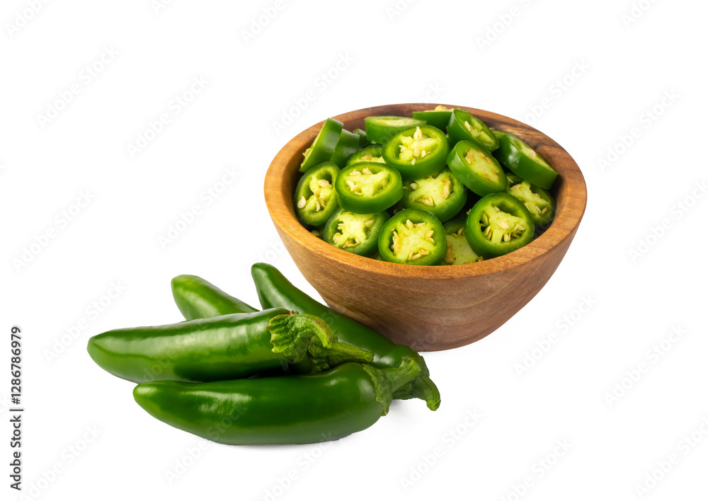 Jalapeno pepper. Green jalapeño pepper on isolated white background. Spicy jalapeno pepper with stem.