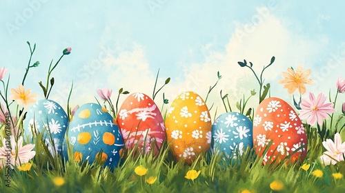 Vibrant Easter Eggs Nestled in Spring Grass: A Festive Holiday Scene, Perfect for Easter Cards, Spring Decorations, and Seasonal Designs. Add a touch 
