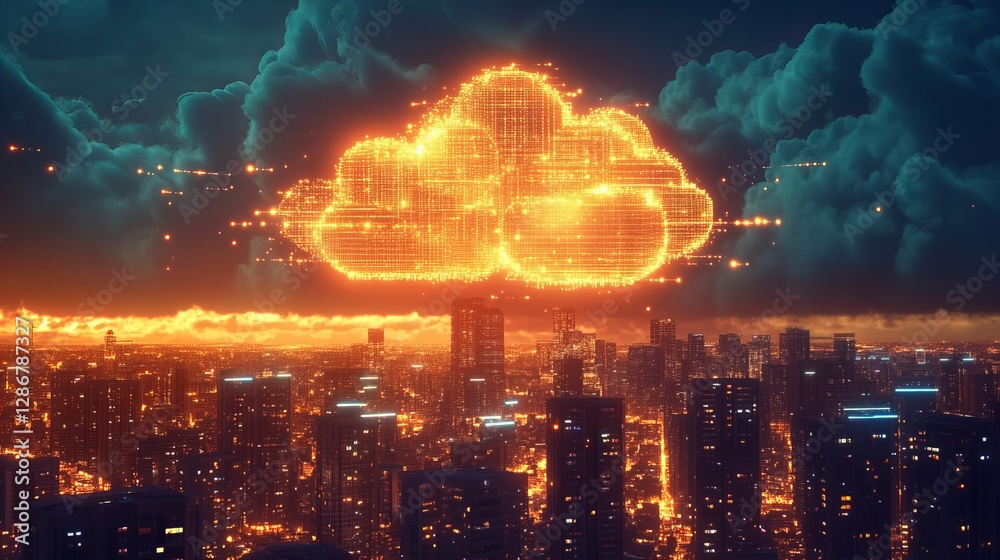 A cloud of digital data hovering above a modern cityscape, symbolizing the connection between technology, data, and urban life. Ideal for concepts related to smart cities, cloud computing, and digital A cloud of digital data hovering above a modern cityscape, symbolizing the connection between technology, data, and urban life. Ideal for concepts related to smart cities, cloud computing, and digital