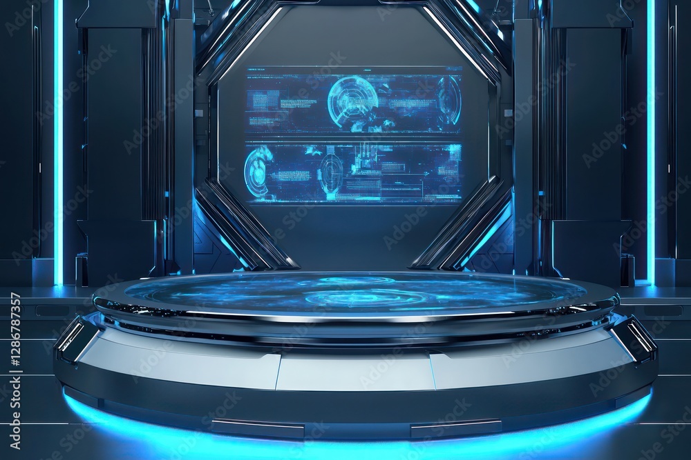 Obraz premium Futuristic podium in 3D, rotating holographic elements with copy space.