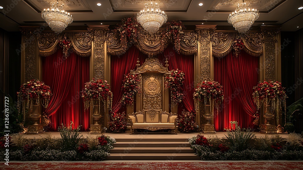 Fototapeta premium Grand wedding stage with floral arrangements high resolution hd photo
