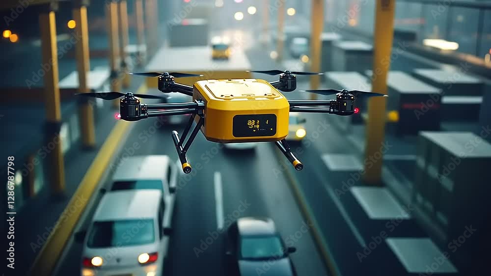 A yellow drone flying in a warehouse filled with shipping containers. A yellow drone flying in a warehouse filled with shipping containers.