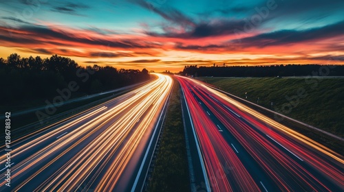 Vibrant sunset sky above a busy highway with glowing light trails signifying speed and motion
