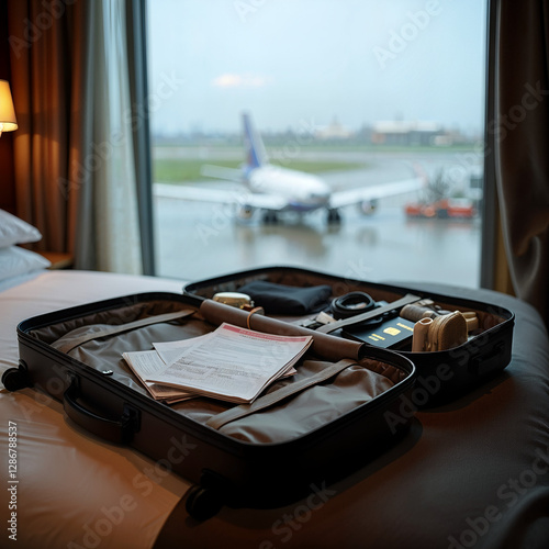 An open suitcase on a hotel bed