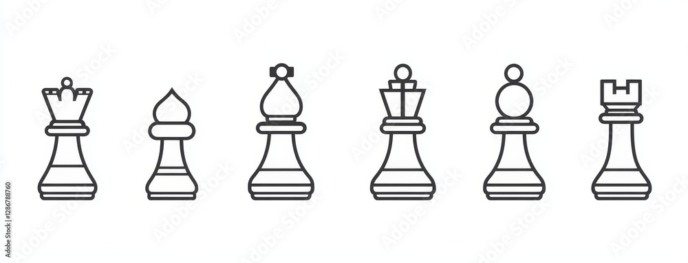 The set of chess icons, featuring modern designs, is outlined and set against a white background for web use The set of chess icons, featuring modern designs, is outlined and set against a white background for web use