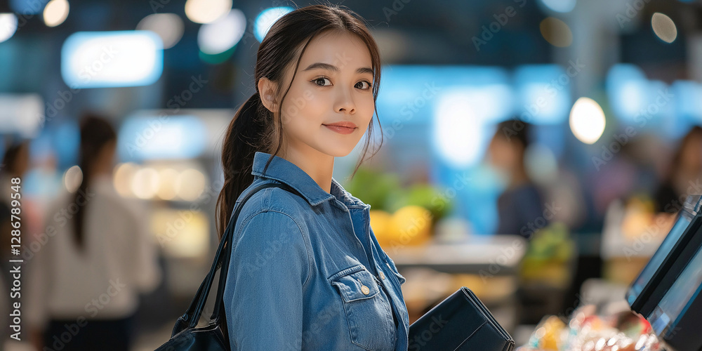 Fototapeta premium Young woman shopping for groceries in supermarket holding digital tablet