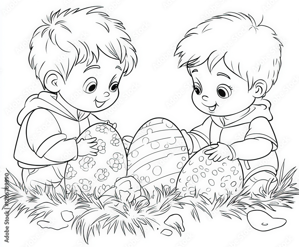 Children participating in an Easter egg hunt, coloring page for kids, simple outline illustration. Coloring book. Children participating in an Easter egg hunt, coloring page for kids, simple outline illustration. Coloring book.