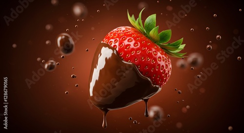 Strawberry partially dipped in chocolate, with chocolate droplets floating, against a rich brown background.