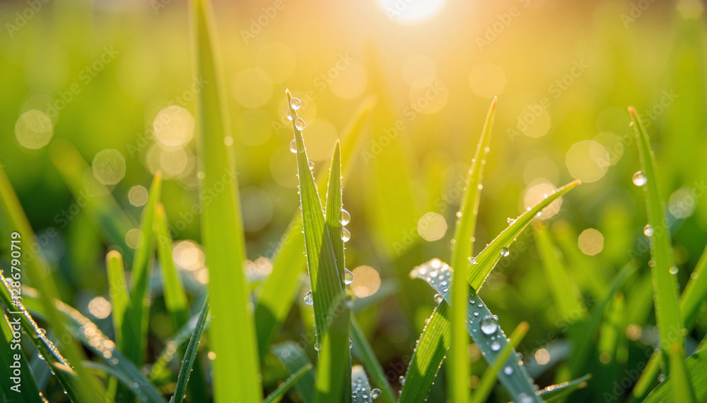 Fototapeta premium Dew drops sparkling on grass at dawn, nature's beauty