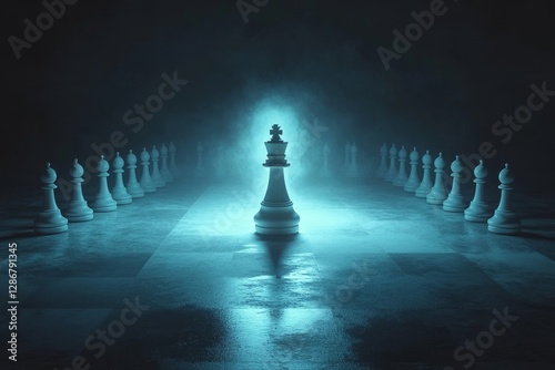 The image of a chess business success leader is presented in a 3D illustration with a neon-themed and self-illuminating background concept