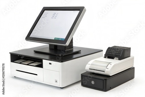 Modern Point of Sale System with Touchscreen Display and Printer, computer printer isolated on white