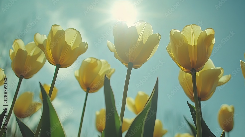 Obraz premium Yellow tulips with sun in spring against the sky