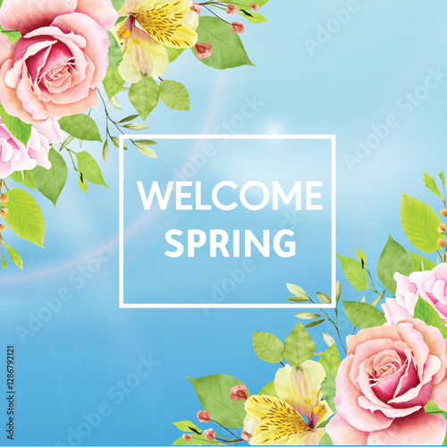 Hello Spring festival floral frame social media template sale flyer design concept special post