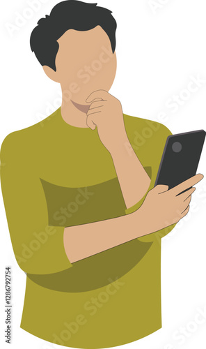 Vector illustration of a man thinking while looking at his smartphone