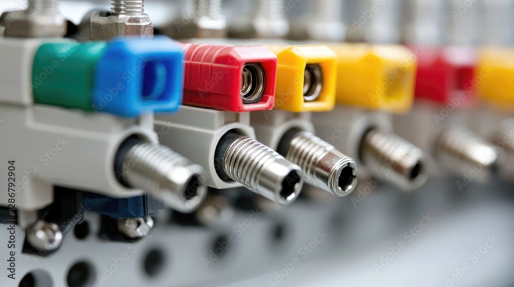 Industrial Valves Row, Close Up. Possible use Stock photo for industrial catalogs, technical manuals, or websites Industrial Valves Row, Close Up. Possible use Stock photo for industrial catalogs, technical manuals, or websites