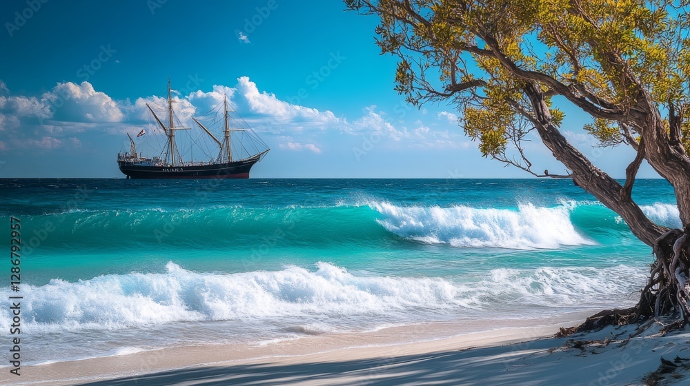 Waves crash on a pristine white sandy beach, creating a stunning visual contrast with the azure sea and sky, symbolizing the beauty and power of nature. Waves crash on a pristine white sandy beach, creating a stunning visual contrast with the azure sea and sky, symbolizing the beauty and power of nature.