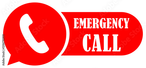  Emergency call icon with red phone symbol and text for urgent contact communication hotline and safety signage design. Emergency call icon red phone symbol. Emergency hotline vector design. 